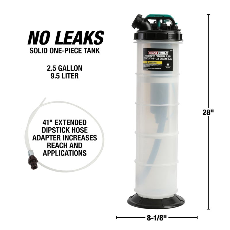OEMTOOLS 24938 Pneumatic/Manual Fluid Extractor, 2.5 Gallon (9.5L) Oil Extractor Pump, for Coolant, Transmission, and Power Steering Fluid, 2 Dipstick Adapters, 5ft Hose - Image 5